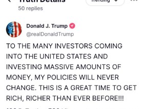 特朗普喊话投资者：我的政策永不改变